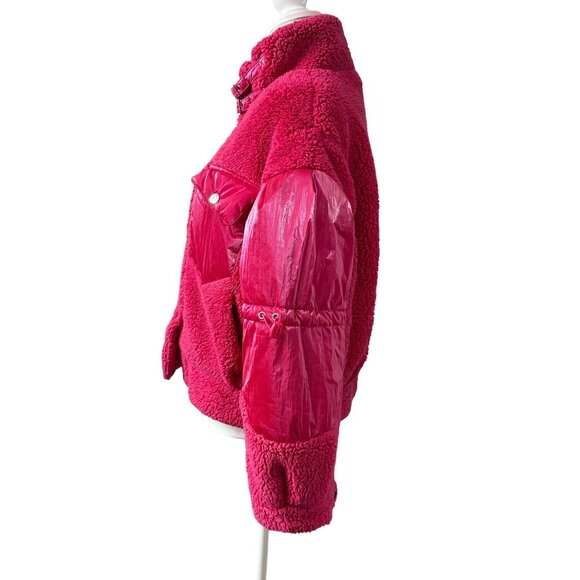 Forever 21 Womens Hot Pink Sherpa Jacket JuniorSize L With Faux Leather Sleeves - Picture 2 of 16